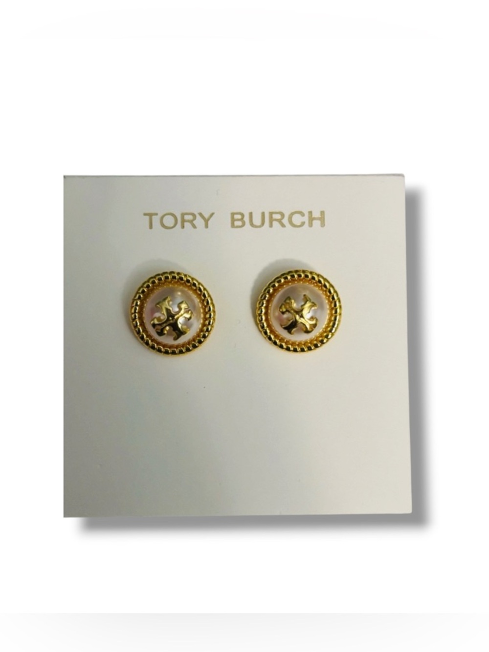 Tory Burch Gold Logo Pearl-Inlay Round Stud Earrings